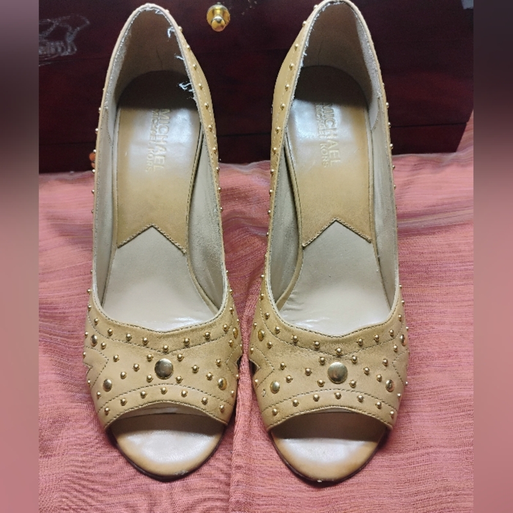 Michael Kors Tan Studded Peep-Toe Heels